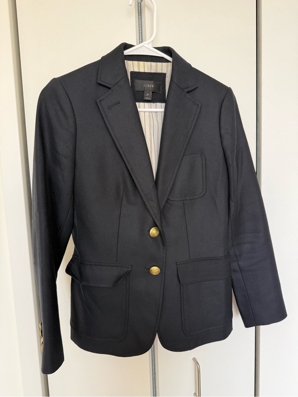 J. Crew Women's Navy Blue Wool-Blend Blazer with Gold Buttons